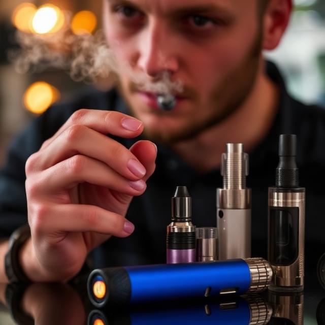 Young man exhaling vapor while examining a collection of vaping devices and e-liquid bottles on a table.